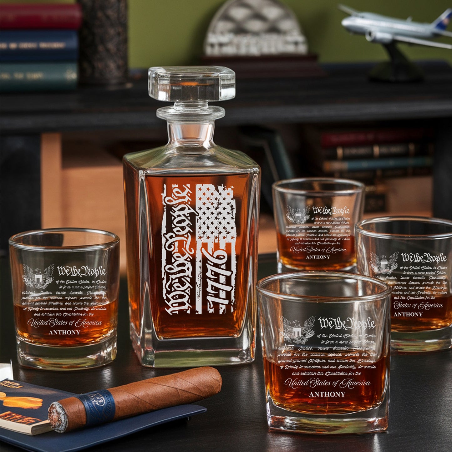 Personalized We The People Independence Day Decanter Set With Whiskey Glasses, Independence Gift, Military Veteran Gift TND088