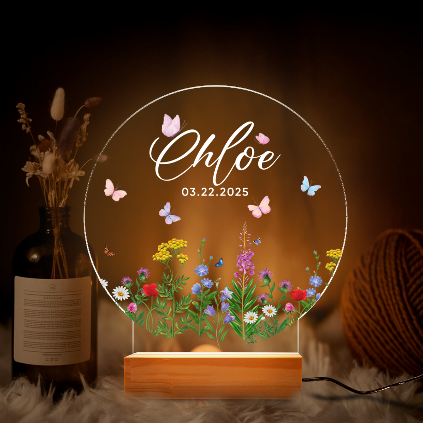 TNN041 Birthday Gift for Her, Custom Floral Butterfly Name Night Light, Christening Gift, Baptism Gift for Kids, Custom Baby Night Light with Name