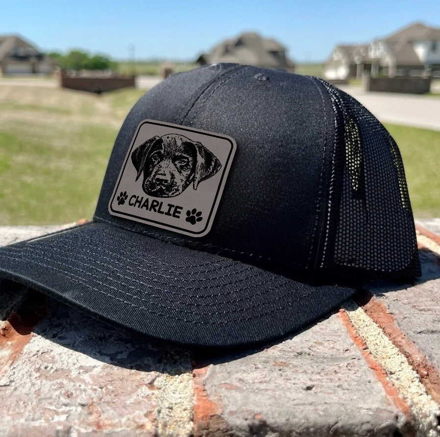 Custom Leather Patch Trucker Hat – Personalized Pet Portrait Hat – Photo Engraved Gift for Pet Lovers THUC99HA13