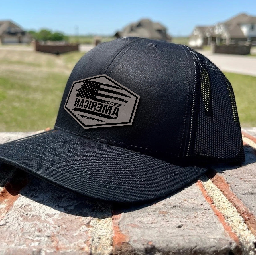 American Flag Leather Patch Hat – 4th of July Trucker Hat – Patriotic USA Cap – Independence Day Hat for Men – Rustic American Pride Hat NGOC99NT01