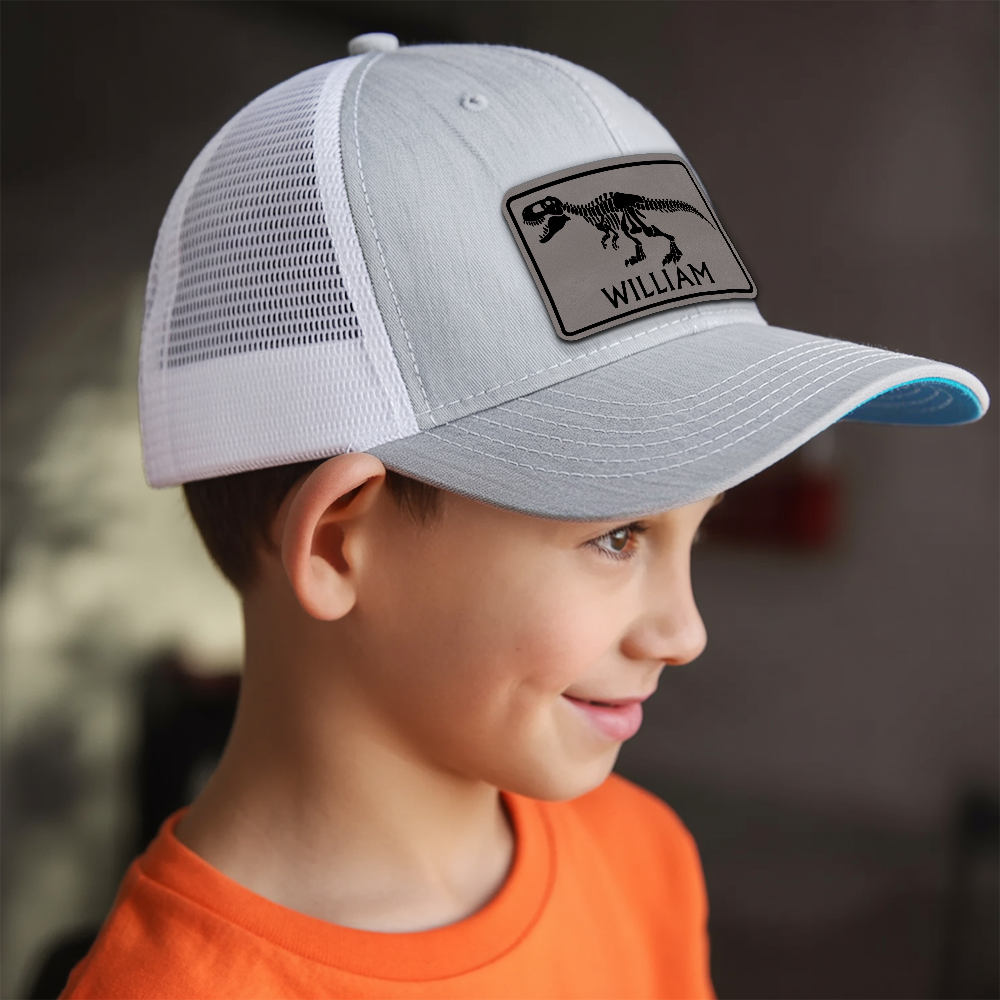 Personalized Dinosaur Kid Leather Patch Hat, Kids Custom Hats, Custom Infant Toddler Kids Youth Trucker Hat TNNK06
