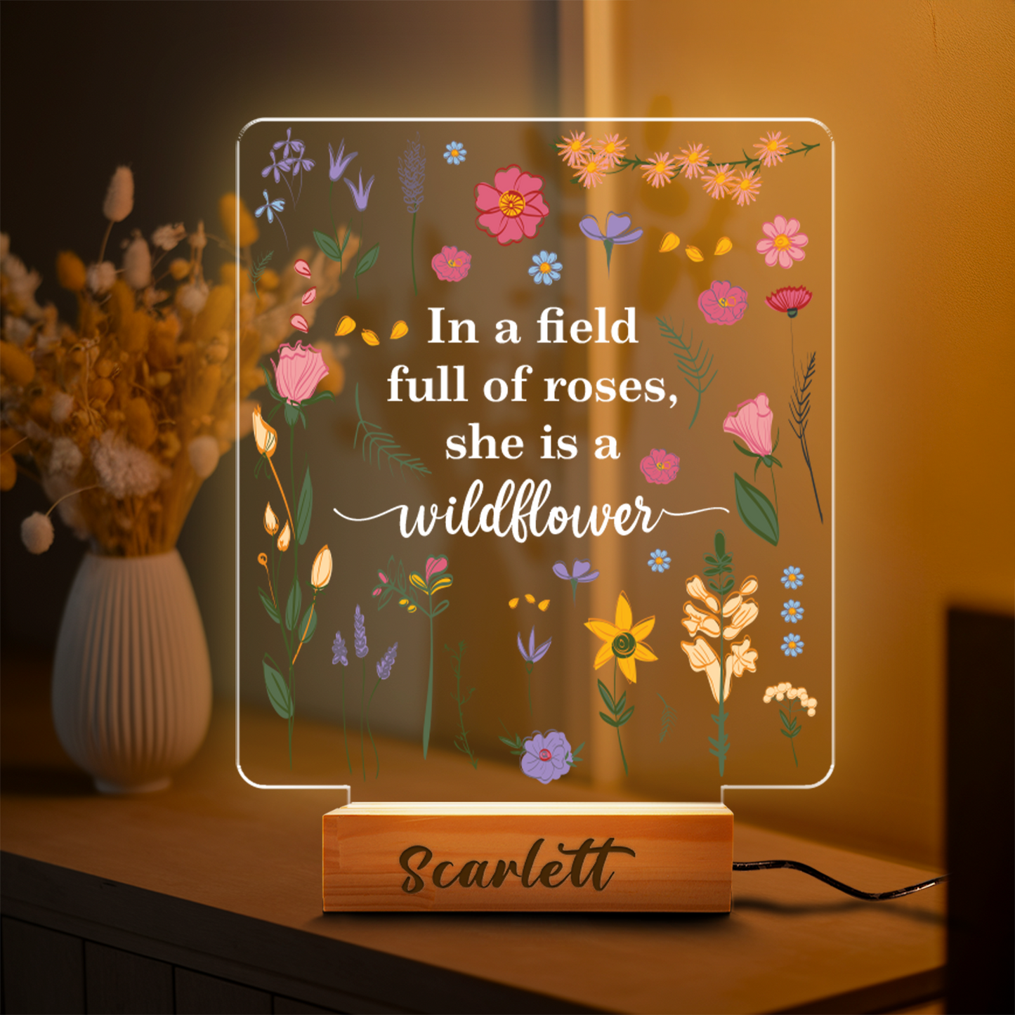 Aeluxlas Personalized In A Field Full Of Roses She Is A Wildflower Led Light, Girls Floral Night Light, Nursery Gift
