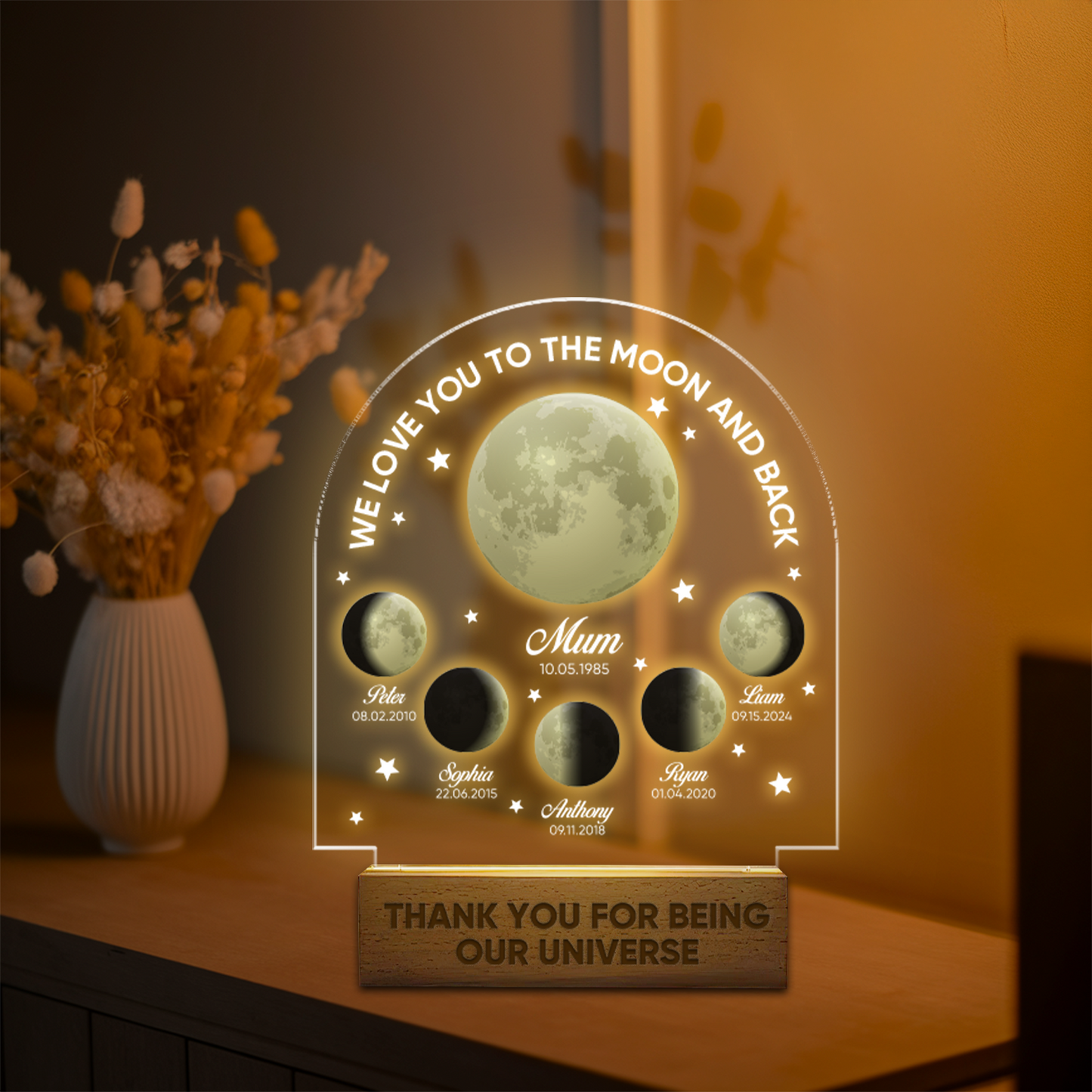 Aeluxlas Personalized Moon Phase By Date Led Night Light, Custom Mom and Kids Moon Phase Light Plaque, Mother’s Day Gift, Gift For Mom, Family Gifts