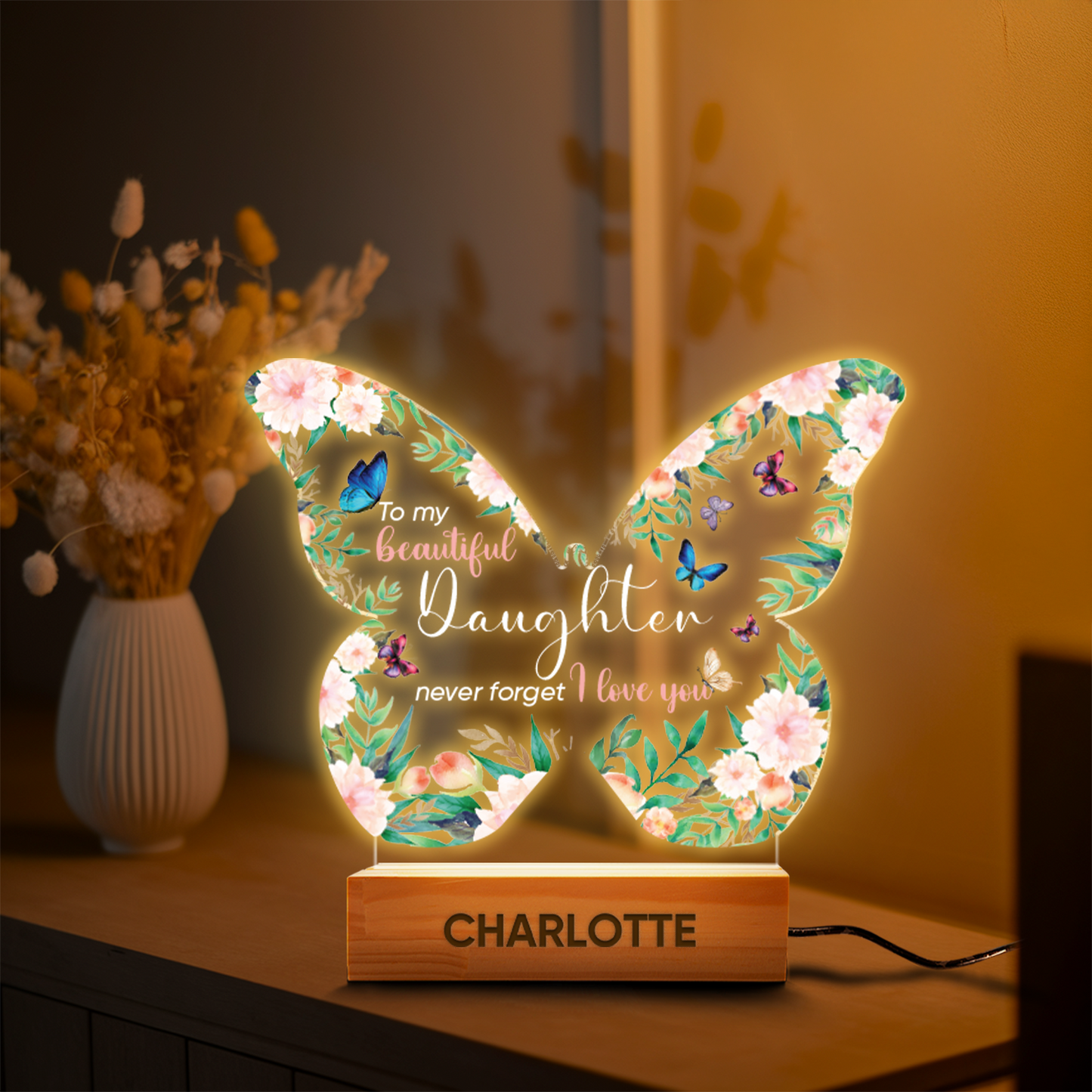 Aeluxlas Personalized Floral Butterfly Baby Night Light – Custom Name Bedside Lamp for Girls, Floral Garden Nursery Décor, Birthday Gift for Her