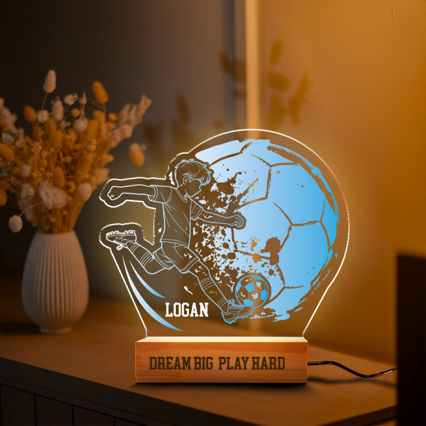Aeluxlas Personalized Soccer Lamp - Unique Bedroom Night Light and Home Decor Gift for Kids and Soccer Fans