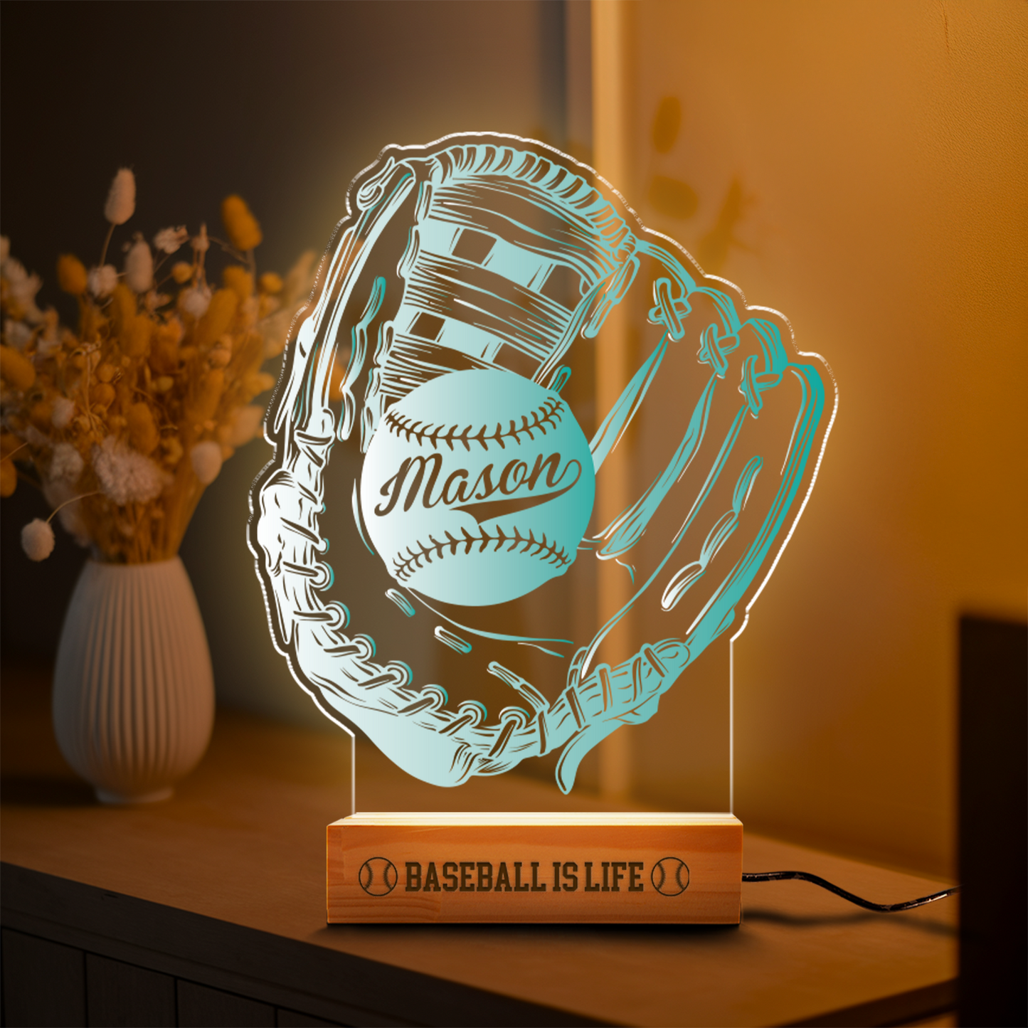 Aeluxlas Baseball Glove LED Night Light, Kid's Glove & Ball Decor Lamp Birthday Gift, Coach Name Sign