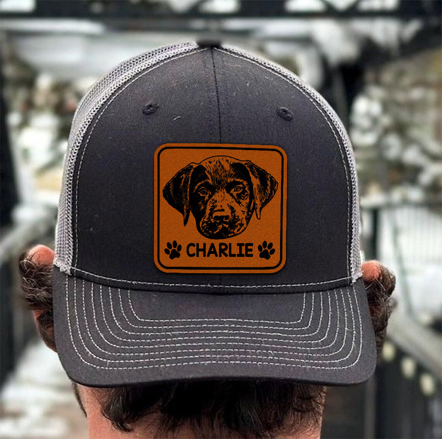 Custom Leather Patch Trucker Hat – Personalized Pet Portrait Hat – Photo Engraved Gift for Pet Lovers THUC99HA13