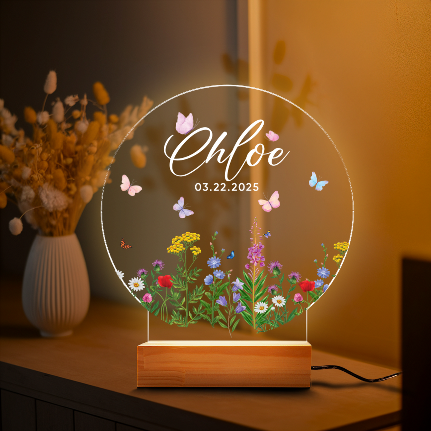 TNN041 Birthday Gift for Her, Custom Floral Butterfly Name Night Light, Christening Gift, Baptism Gift for Kids, Custom Baby Night Light with Name