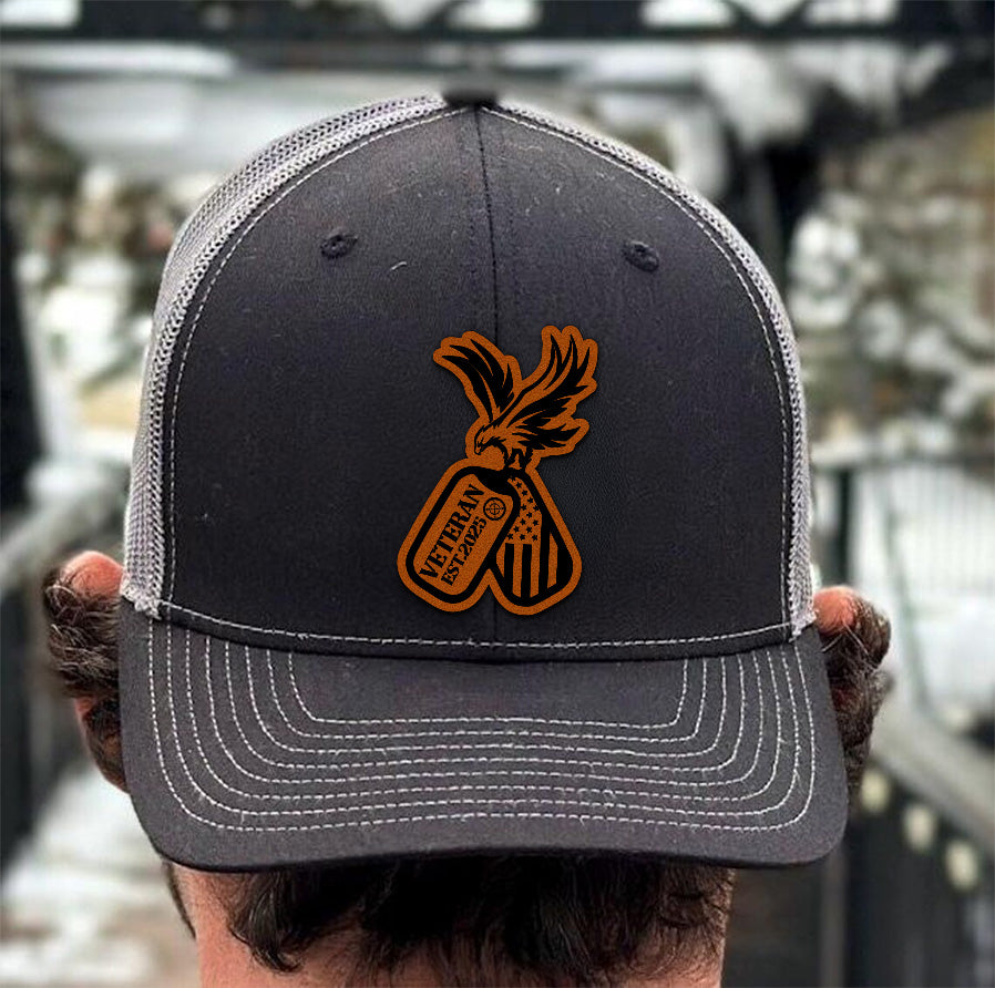 Veteran American Flag Leather Patch Hat – Patriotic Trucker Hat for Men – USA Military Gift – 4th of July Veteran Cap – Rustic USA Mesh Hat NGOC99NT06