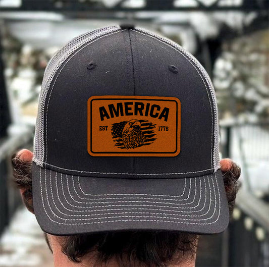 American Est. 1776 Leather Patch Hat – 4th of July Trucker Hat – Patriotic USA Cap for Men – Independence Day Hat – American Pride Mesh Hat NGOC99NT04
