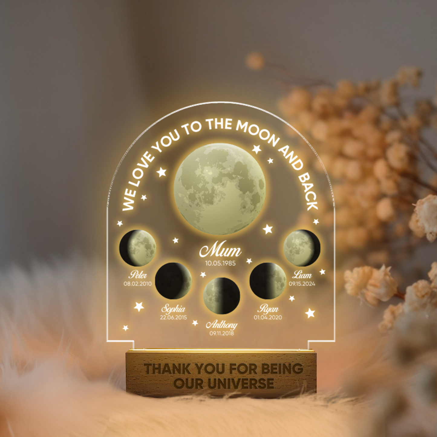 Aeluxlas Personalized Moon Phase By Date Led Night Light, Custom Mom and Kids Moon Phase Light Plaque, Mother’s Day Gift, Gift For Mom, Family Gifts