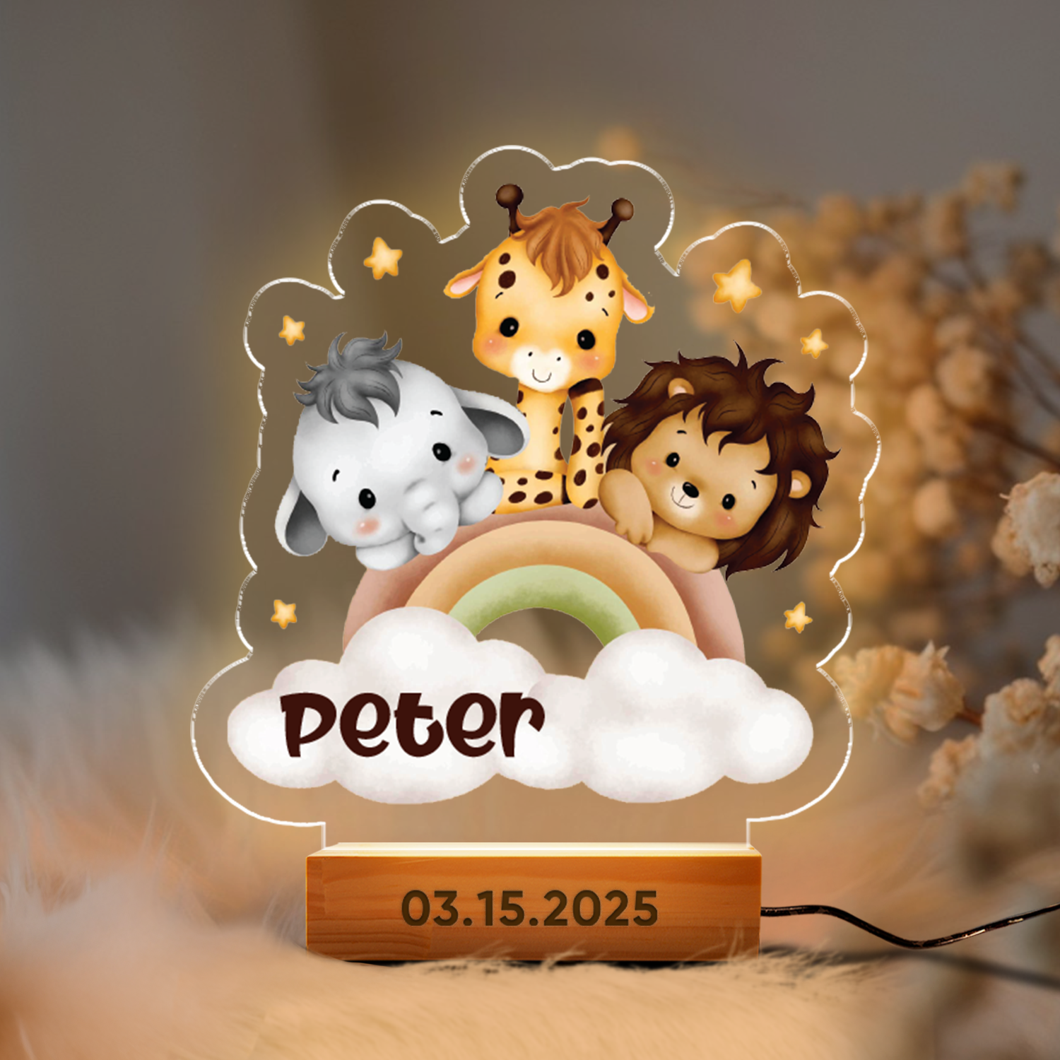Aeluxlas Personalized Cute Animal Rainbow Night Light, Personalized Name Night Light, Baby Name Gift, Nursery Decor