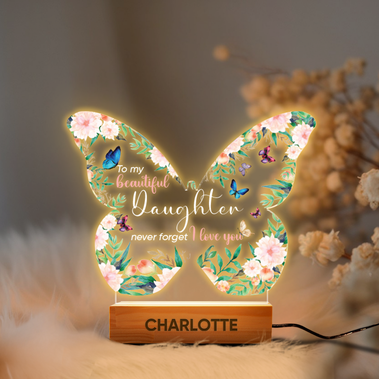 Aeluxlas Personalized Floral Butterfly Baby Night Light – Custom Name Bedside Lamp for Girls, Floral Garden Nursery Décor, Birthday Gift for Her