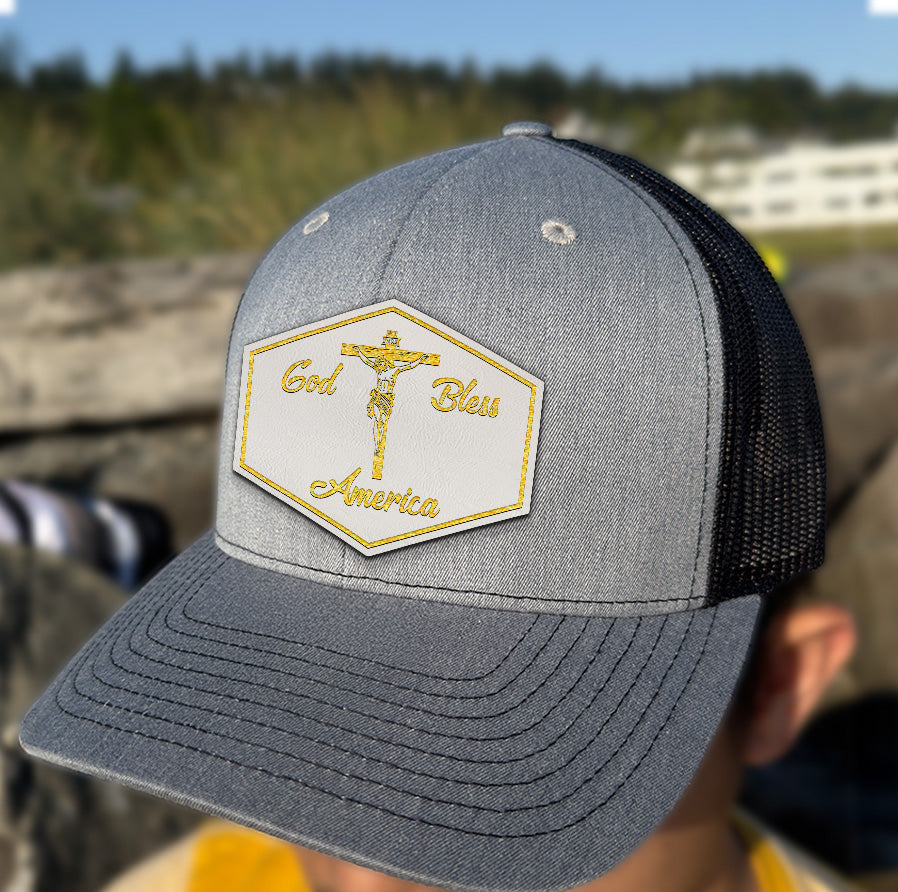 God Bless America Leather Patch Hat – Patriotic Trucker Hat – Christian USA Flag Cap – 4th of July Hat for Men – Faith and Freedom Gift NGOC99NT08
