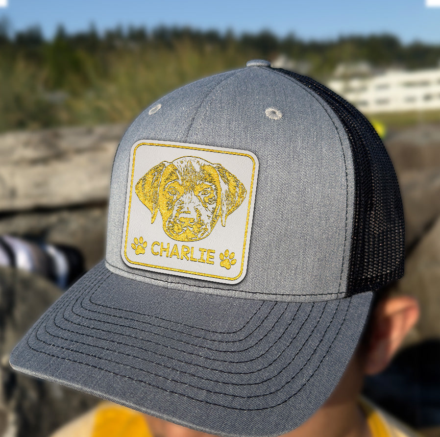 Custom Leather Patch Trucker Hat – Personalized Pet Portrait Hat – Photo Engraved Gift for Pet Lovers THUC99HA13