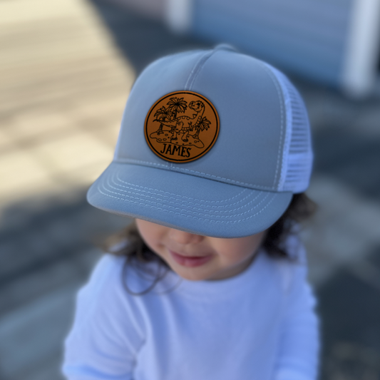 Personalized Dinosaur Kid Leather Patch Hat, Kids Custom Hats, Custom Infant Toddler Kids Youth Trucker Hat TNNK07