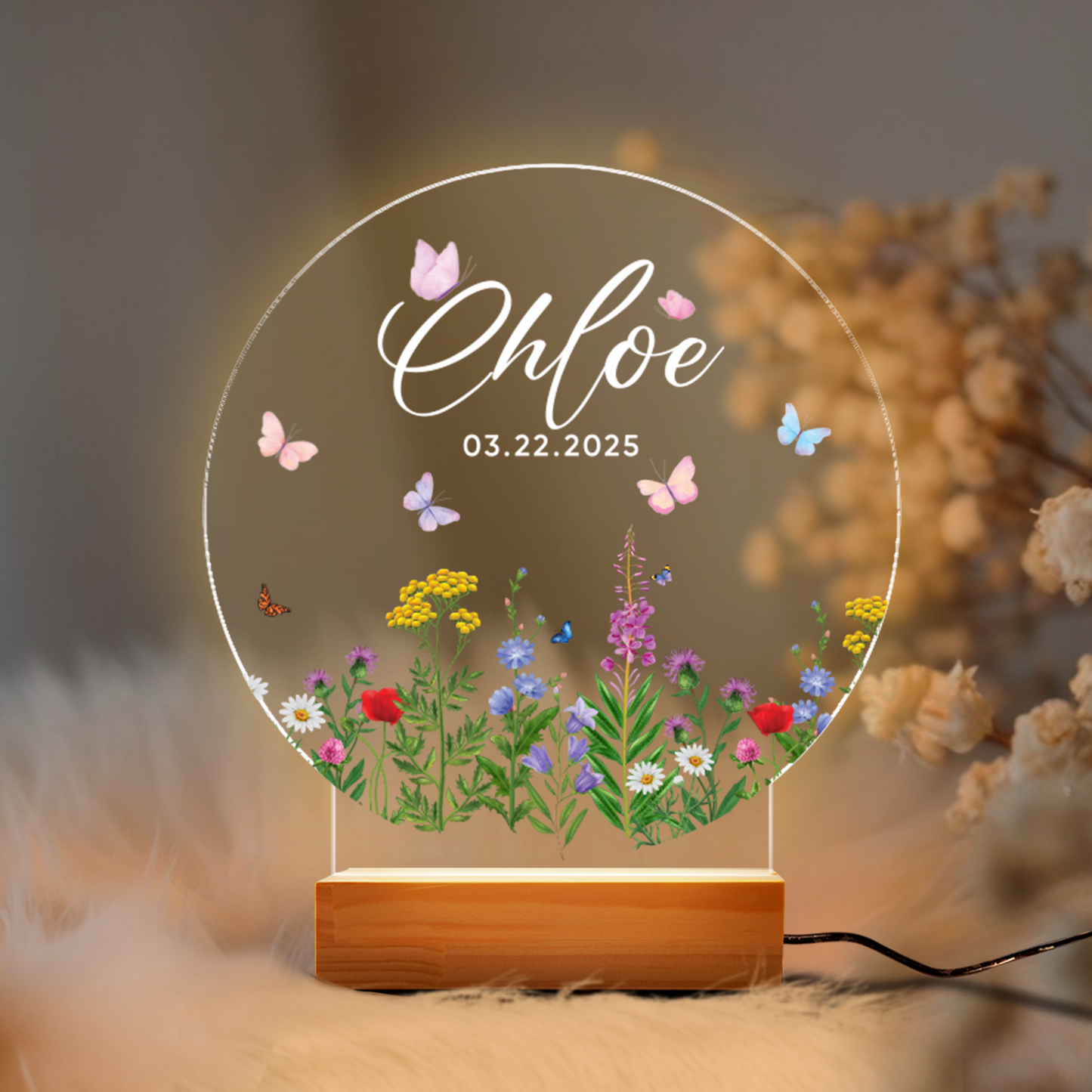 TNN041 Birthday Gift for Her, Custom Floral Butterfly Name Night Light, Christening Gift, Baptism Gift for Kids, Custom Baby Night Light with Name