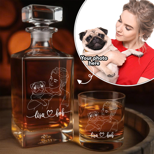 Custom Dog Photo Whiskey Decanter Set + Custom Name Glass Gift for Dog Lovers THUC99DP08