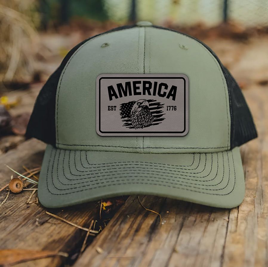 American Est. 1776 Leather Patch Hat – 4th of July Trucker Hat – Patriotic USA Cap for Men – Independence Day Hat – American Pride Mesh Hat NGOC99NT04