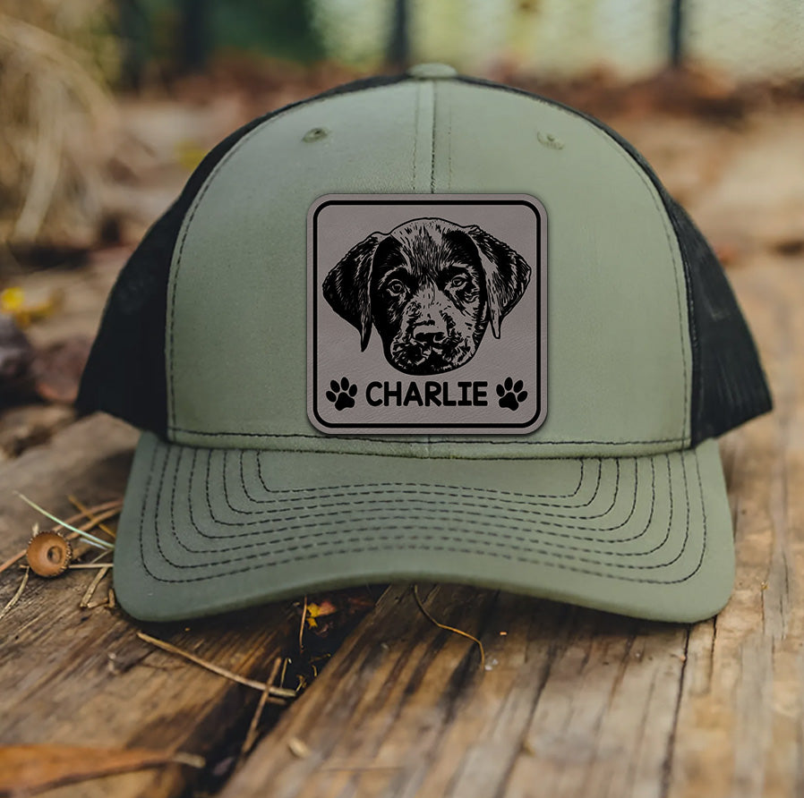 Custom Leather Patch Trucker Hat – Personalized Pet Portrait Hat – Photo Engraved Gift for Pet Lovers THUC99HA13
