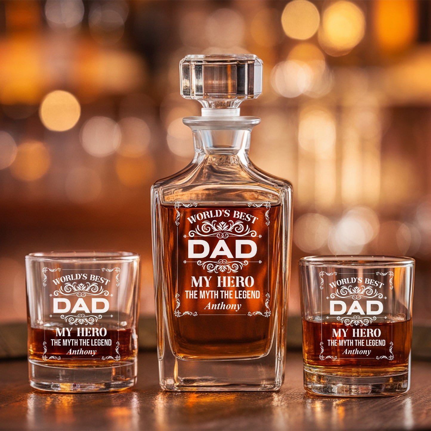 Personalized World's Best Dad Decanter With Whiskey Glasses, Gift For Dad TND076