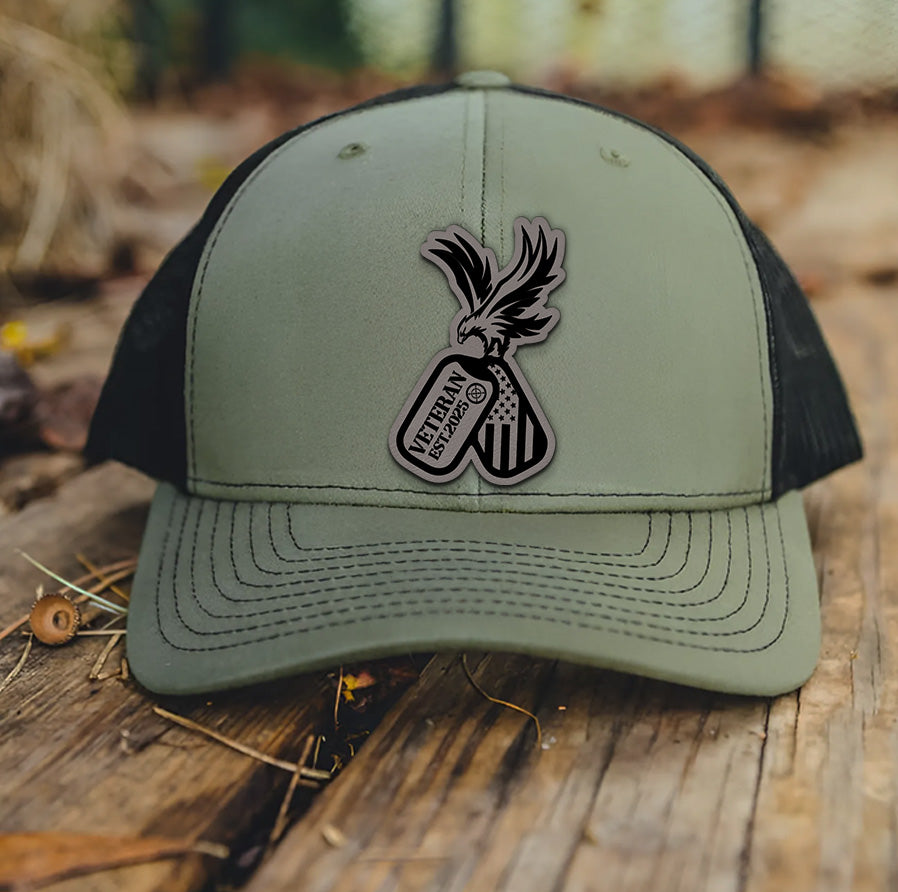 Veteran American Flag Leather Patch Hat – Patriotic Trucker Hat for Men – USA Military Gift – 4th of July Veteran Cap – Rustic USA Mesh Hat NGOC99NT06