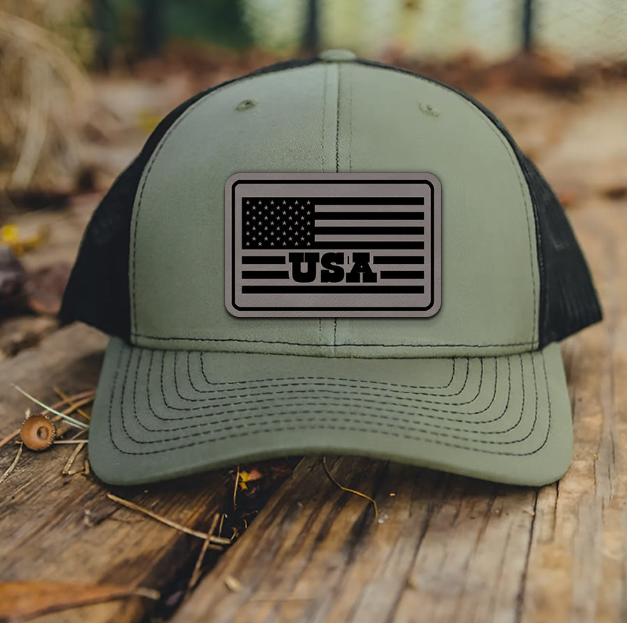 USA American Flag Leather Patch Hat – Patriotic Trucker Hat for Men – 4th of July Cap – Rustic USA Snapback – Independence Day Gifts NGOC99NT05