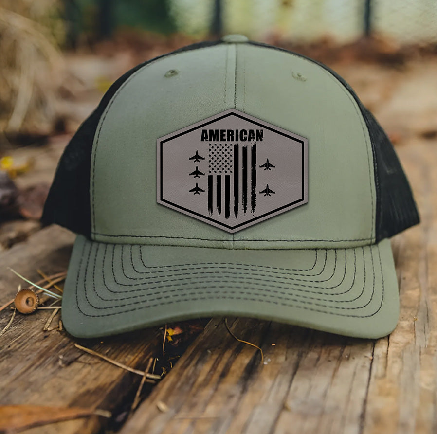 American Jet Flight Leather Patch Hat – Patriotic Military Air Force Trucker Hat – 4th of July USA Pilot Cap – Veteran Gift for Him NGOC99NT15