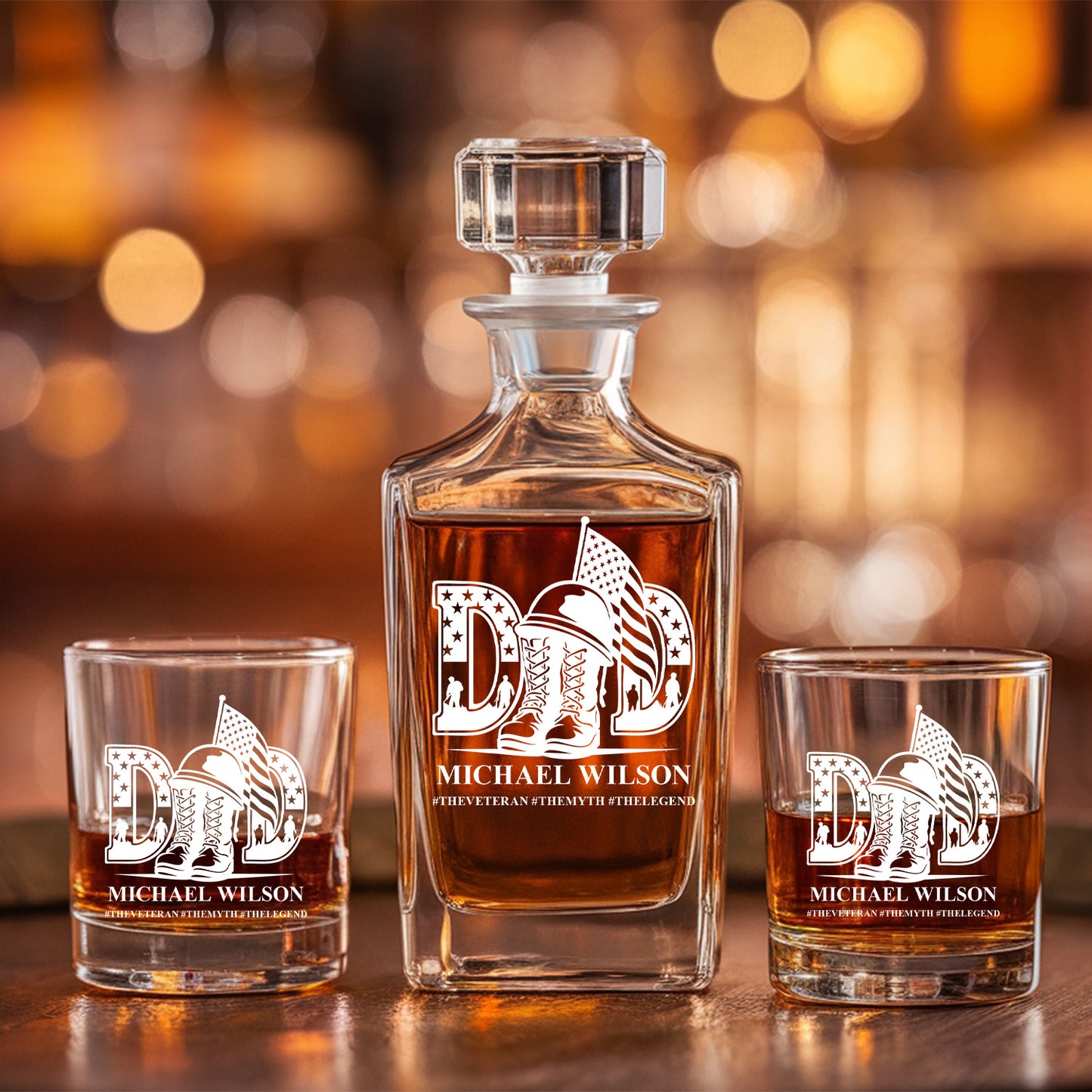 Personalized Veteran Dad Decanter Set With Whiskey Glasses, The Man The Myth The Legend, Military Veteran Gift TND086