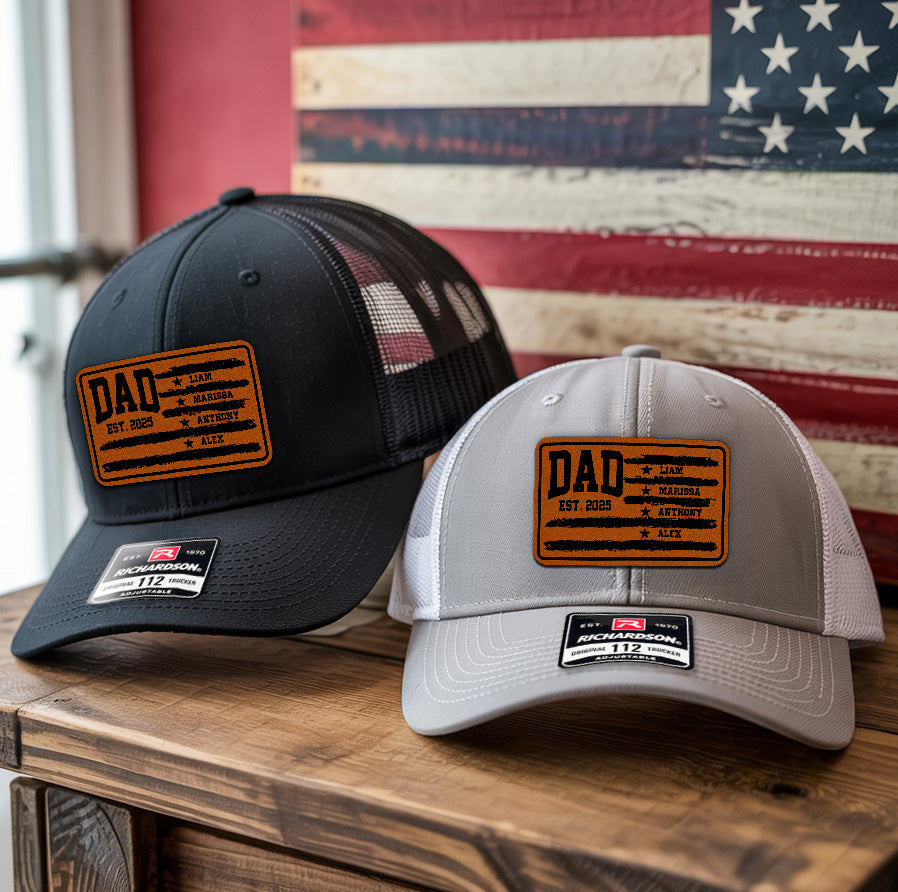 American Dad Leather Patch Hat – Patriotic Trucker Hat for Men – 4th of July Dad Hat – USA Flag Snapback – Dad Birthday Gift Idea NGOC99NT20