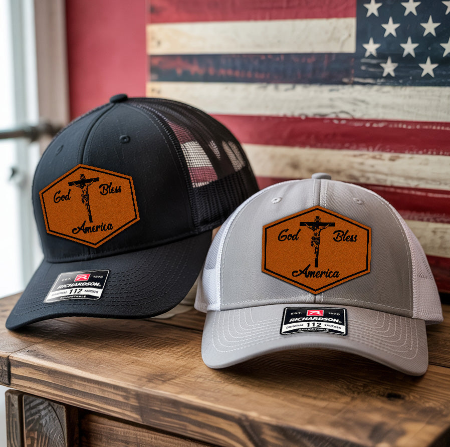God Bless America Leather Patch Hat – Patriotic Trucker Hat – Christian USA Flag Cap – 4th of July Hat for Men – Faith and Freedom Gift NGOC99NT08