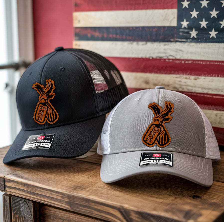 Veteran American Flag Leather Patch Hat – Patriotic Trucker Hat for Men – USA Military Gift – 4th of July Veteran Cap – Rustic USA Mesh Hat NGOC99NT06