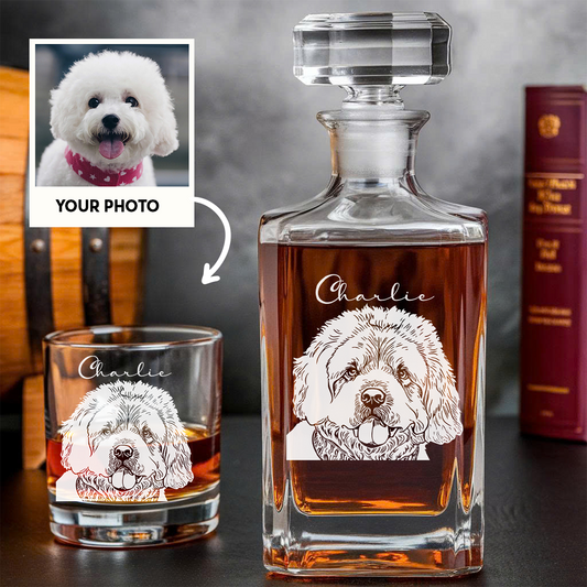 Custom Dog Photo Decanter & Whiskey Glass Set – Custom Name Glass Dog Lover Gift THUC99DP07