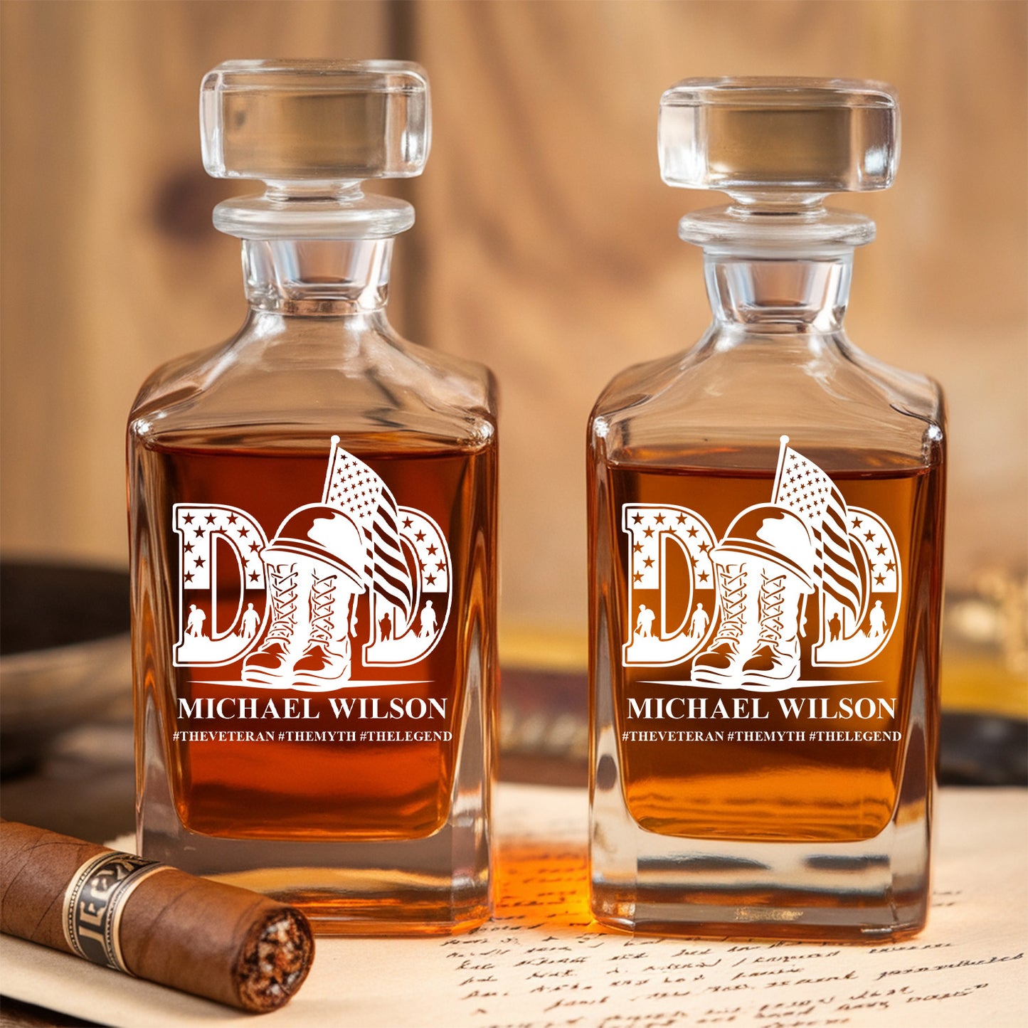 Personalized Veteran Dad Decanter Set With Whiskey Glasses, The Man The Myth The Legend, Military Veteran Gift TND086