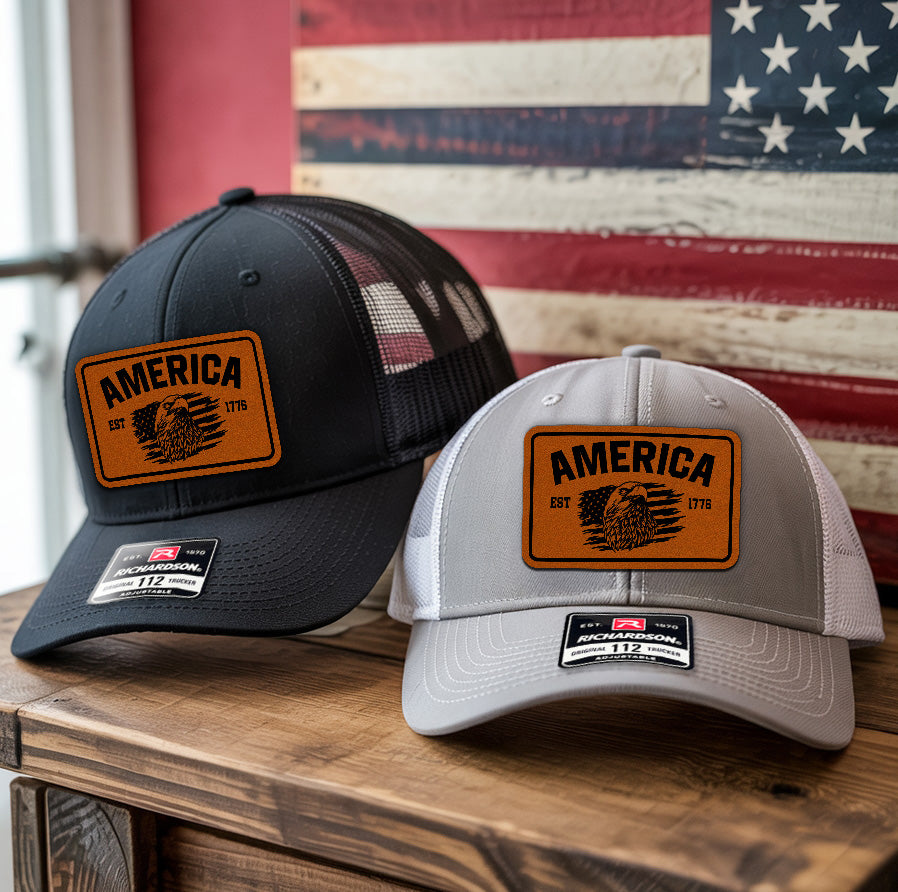 American Est. 1776 Leather Patch Hat – 4th of July Trucker Hat – Patriotic USA Cap for Men – Independence Day Hat – American Pride Mesh Hat NGOC99NT04