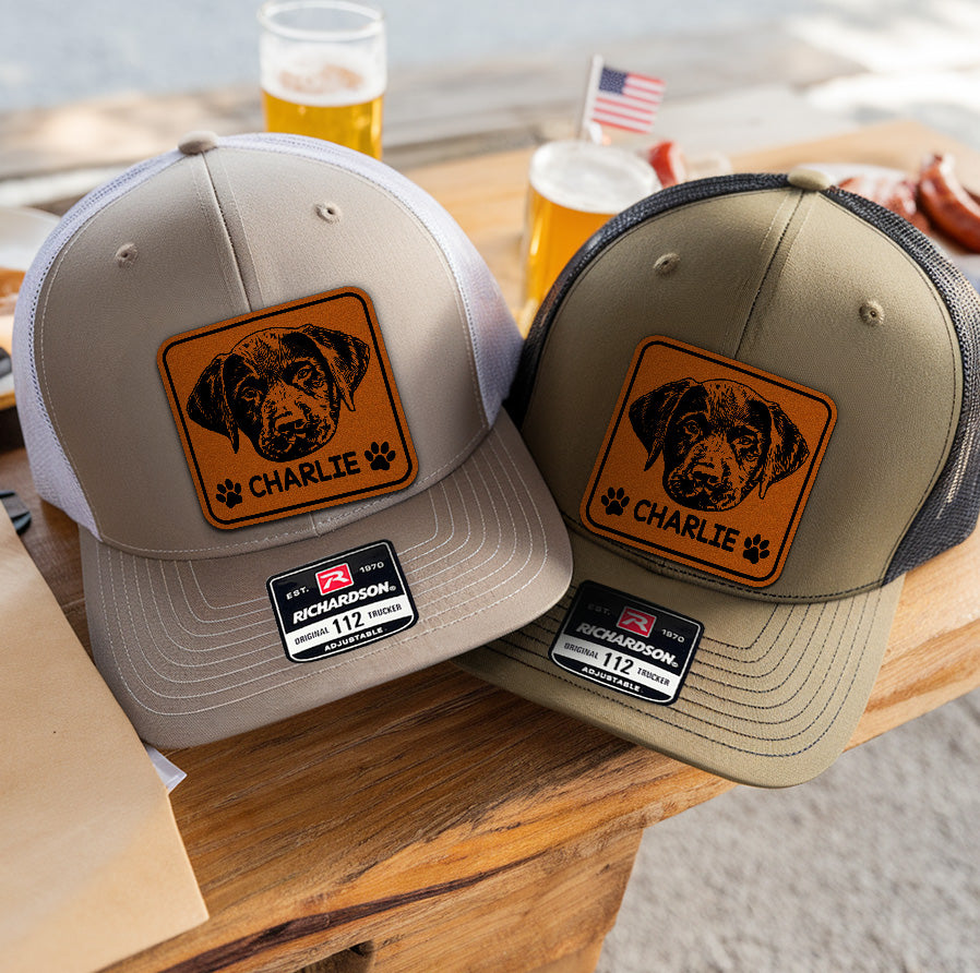 Custom Leather Patch Trucker Hat – Personalized Pet Portrait Hat – Photo Engraved Gift for Pet Lovers THUC99HA13