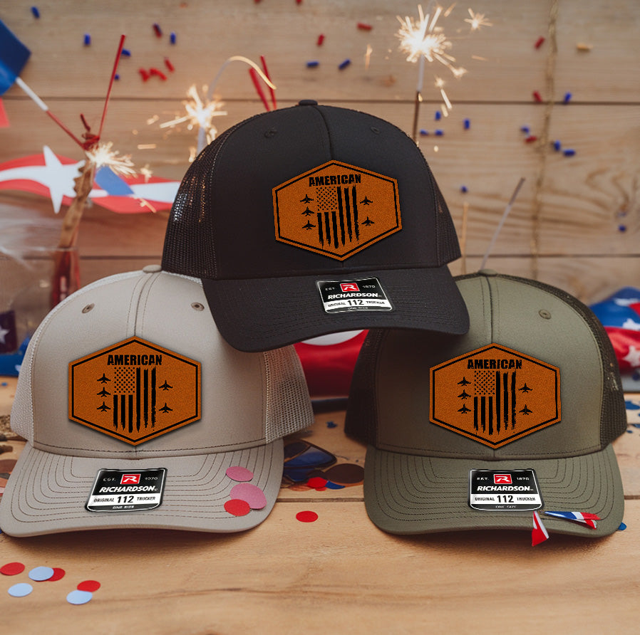 American Jet Flight Leather Patch Hat – Patriotic Military Air Force Trucker Hat – 4th of July USA Pilot Cap – Veteran Gift for Him NGOC99NT15