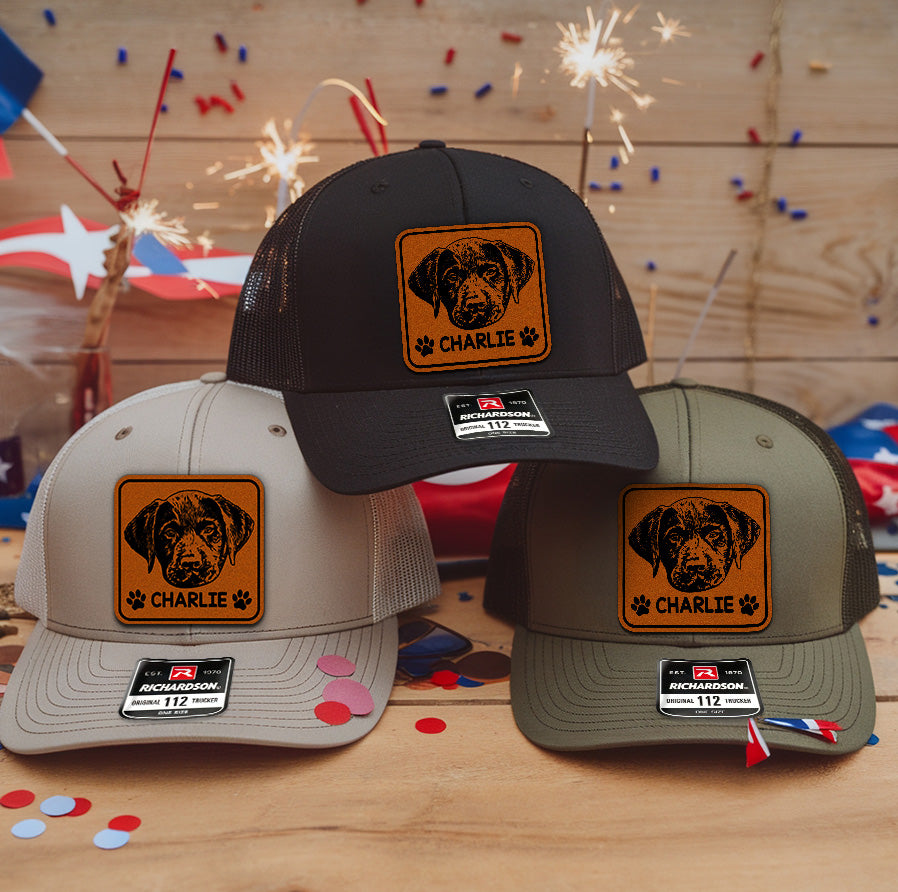 Custom Leather Patch Trucker Hat – Personalized Pet Portrait Hat – Photo Engraved Gift for Pet Lovers THUC99HA13