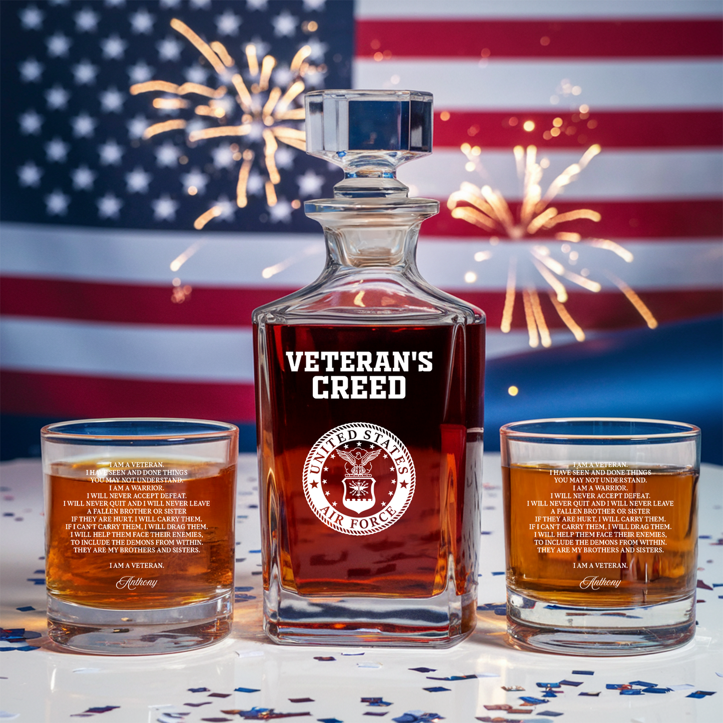 Personalized Veteran Creed Decanter Whiskey Glass Gift Set | Veteran Gift | Dad Gifts Army | Gift For Veterans