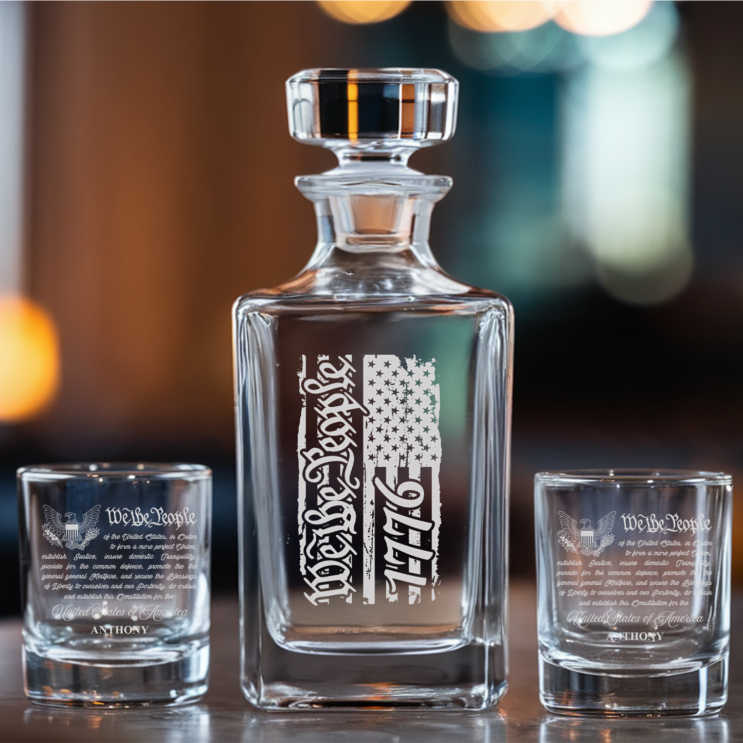Personalized We The People Independence Day Decanter Set With Whiskey Glasses, Independence Gift, Military Veteran Gift TND088