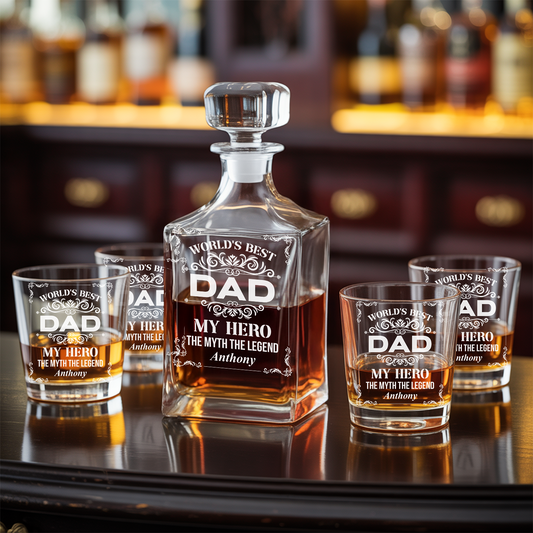 Personalized World's Best Dad Decanter With Whiskey Glasses, Gift For Dad TND076