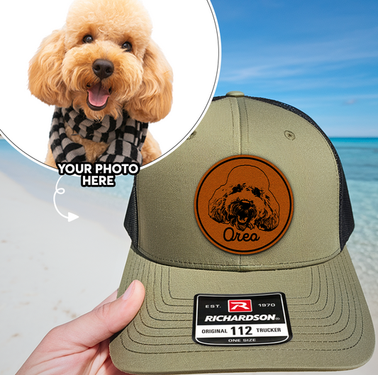 Personalized Leather Patch Trucker Hat – Custom Dog or Human Portrait – Photo Engraved Gift for Pet Lovers THUC99HA15