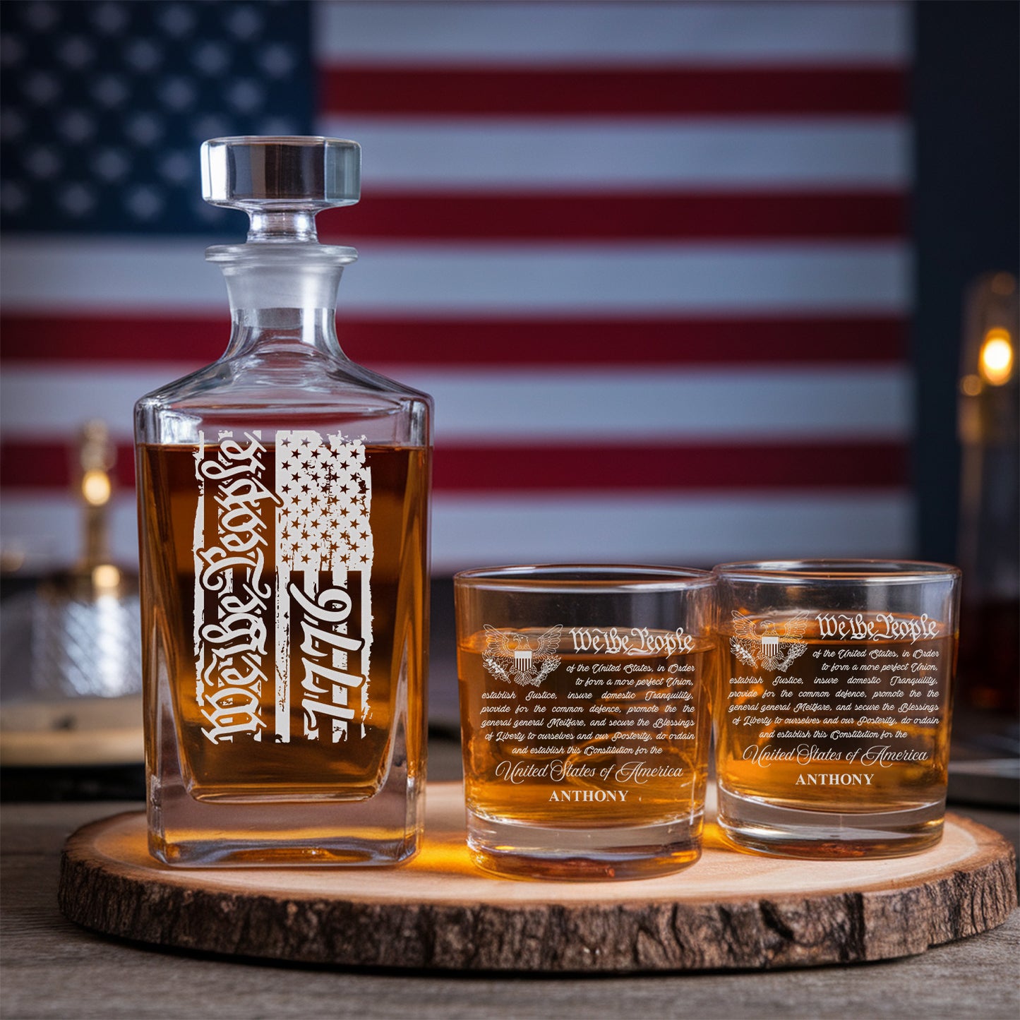 Personalized We The People Independence Day Decanter Set With Whiskey Glasses, Independence Gift, Military Veteran Gift TND088
