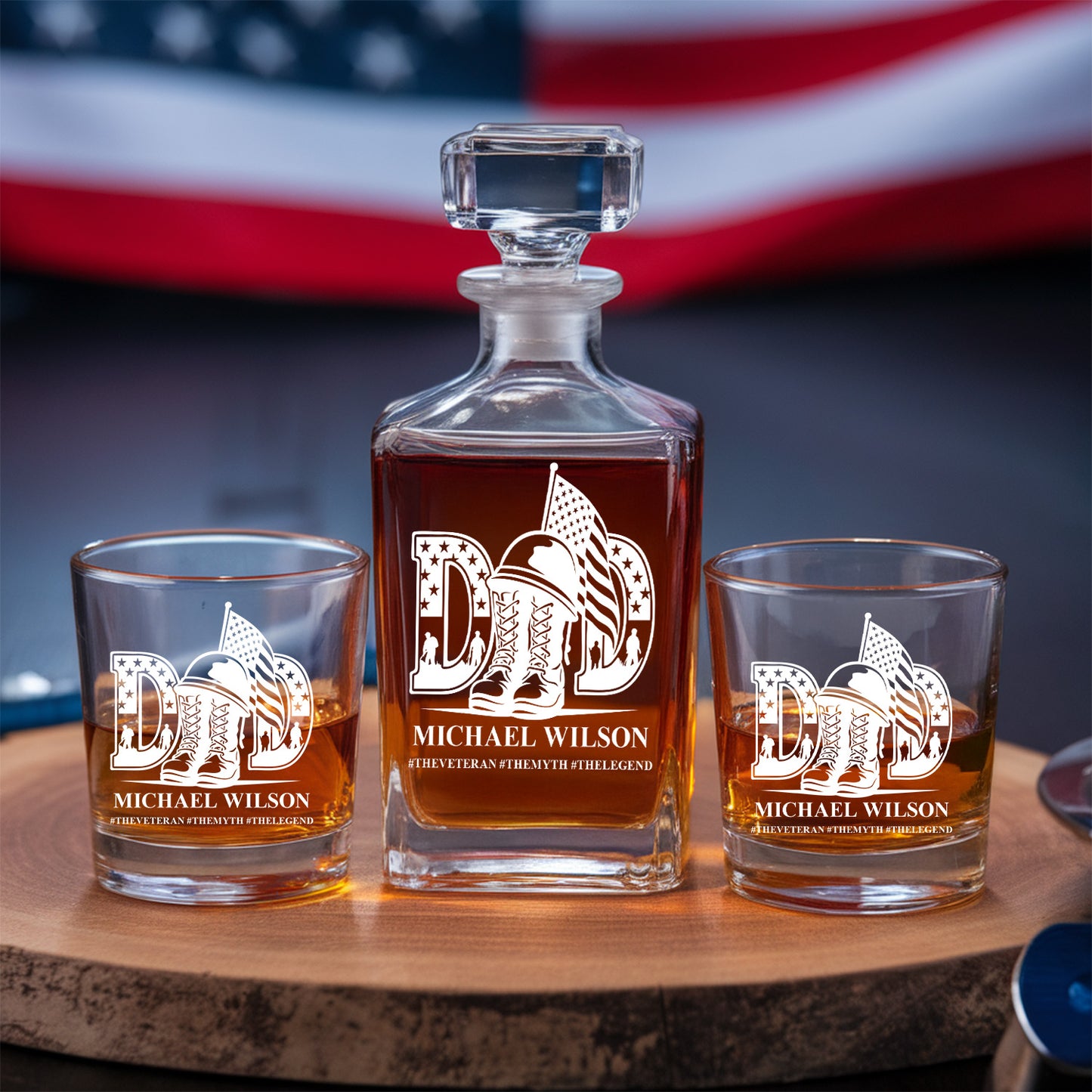 Personalized Veteran Dad Decanter Set With Whiskey Glasses, The Man The Myth The Legend, Military Veteran Gift TND086