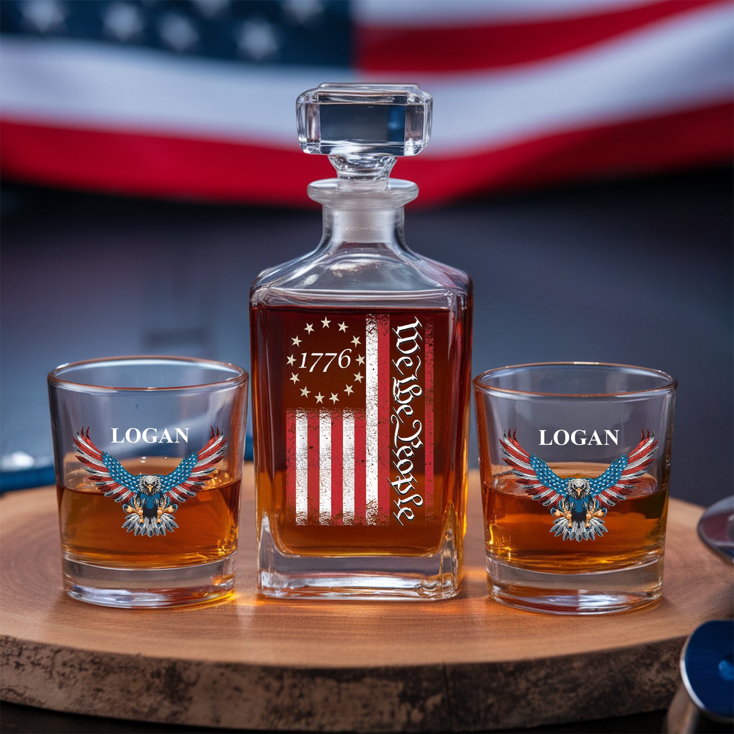 Personalized We The People American Flag Decanter Set With Whiskey Glasses, American Eagle Gift, Military Veteran Gift TND087