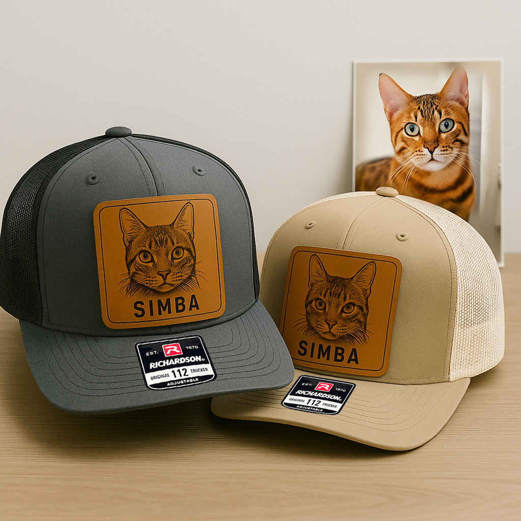 Custom Pet Photo Trucker Hat – Personalized Leather Patch Hat – Dad Gift – Custom Pet Memorial Hat - Cat Lover Gift - Engraved Hat NGOC99A2