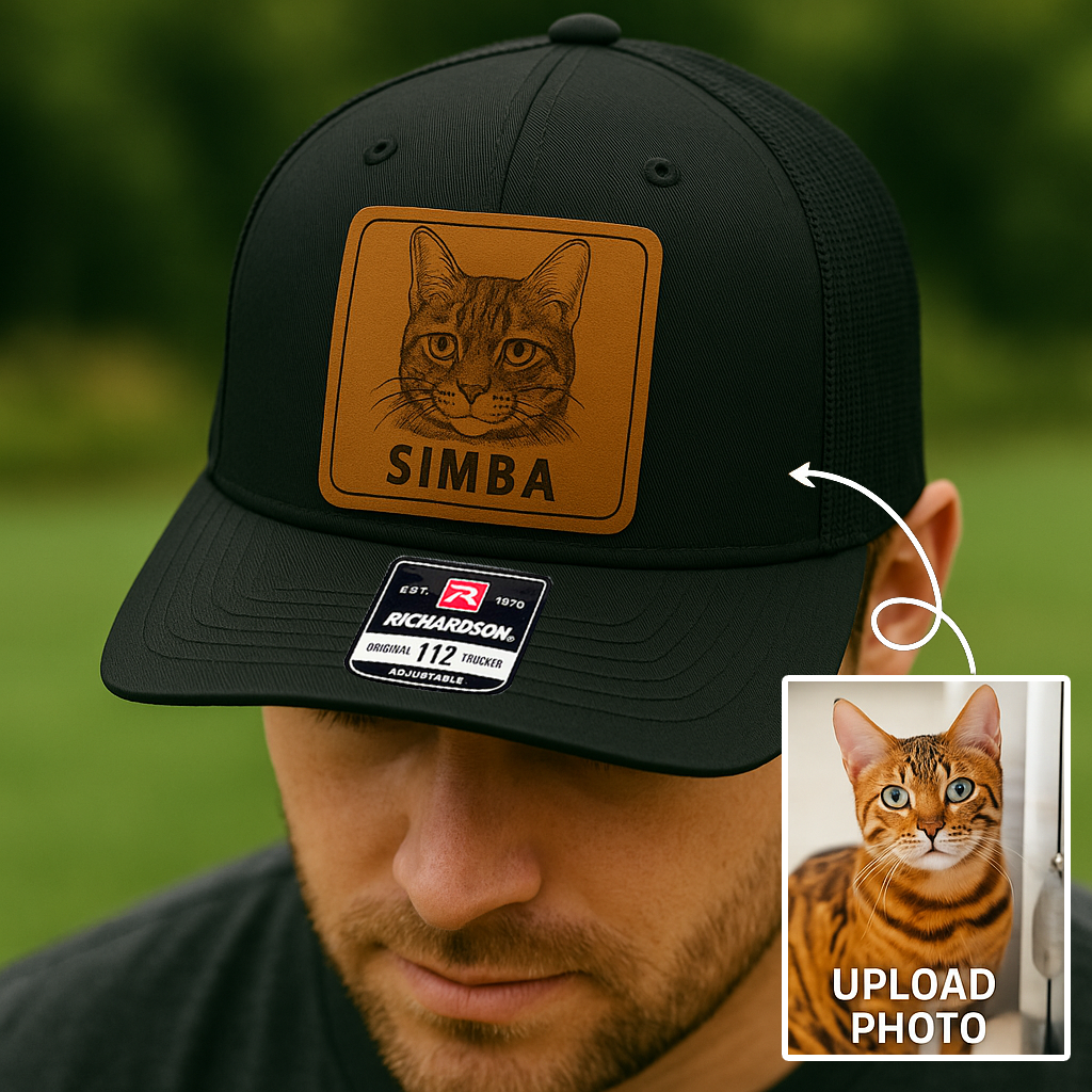 Custom Pet Photo Trucker Hat – Personalized Leather Patch Hat – Dad Gift – Custom Pet Memorial Hat - Cat Lover Gift - Engraved Hat NGOC99A2