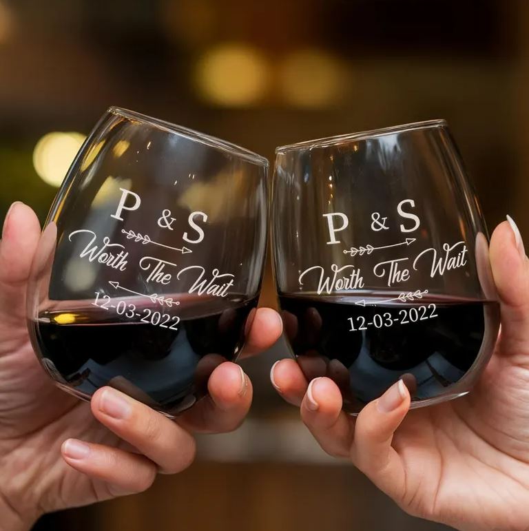 Personalized Worth The Wait Wine Glass | Gift For Wedding Anniversary | Engraved Wine Glass