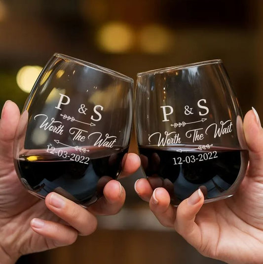 Personalized Worth The Wait Wine Glass | Gift For Wedding Anniversary | Engraved Wine Glass