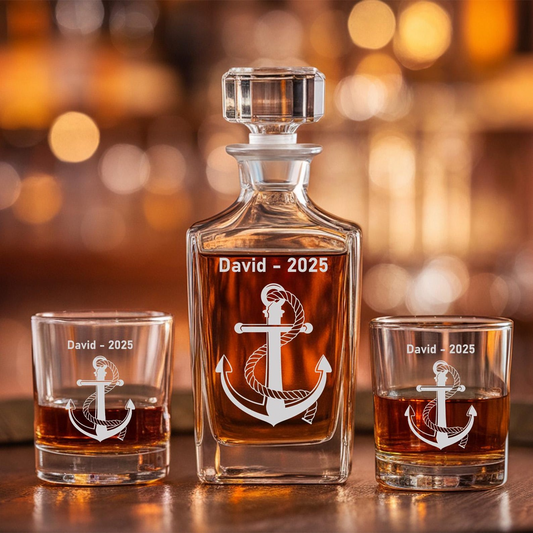 Anchor Wheel Monogram Engraved Whiskey Glass And Decanter Set | Engraved Gift For Retirement